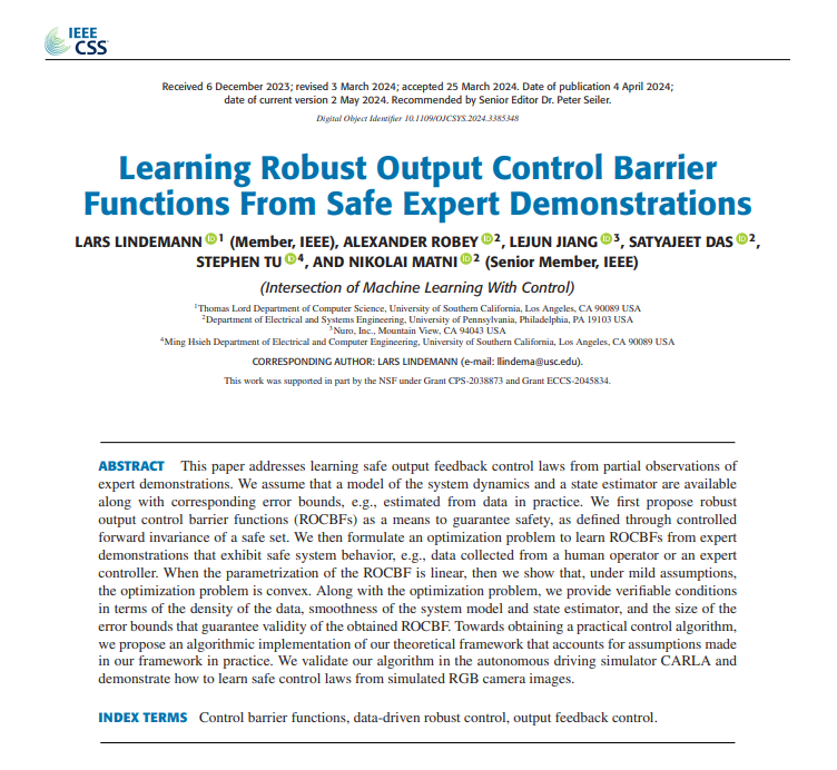 IEEE_OJCSYS's tweet photo. Title: Learning Robust Output Control Barrier Functions From Safe Expert Demonstrations
Authors: Lars Lindemann; Alexander Robey; Lejun Jiang; Satyajeet Das; Stephen Tu; Nikolai Matni
Date: 4 April2024     
Link: https://t.co/FPRmy1SXTU
#optimization #outputfeedback https://t.co/z7kMGAPXMN