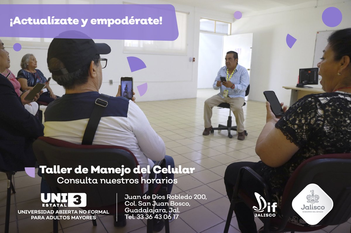 DIFJalisco's tweet photo. Para una persona mayor, saber dominar las funciones de su teléfono móvil, le permite tener mayor independencia. Amplía tus habilidades en el taller de manejo del celular en la #UNI3 en Juan de Dios Robledo 300, San Juan Bosco. Guadalajara, Jalisco. Tel. 33 36 43 06 17. https://t.co/M0bphBCfHF