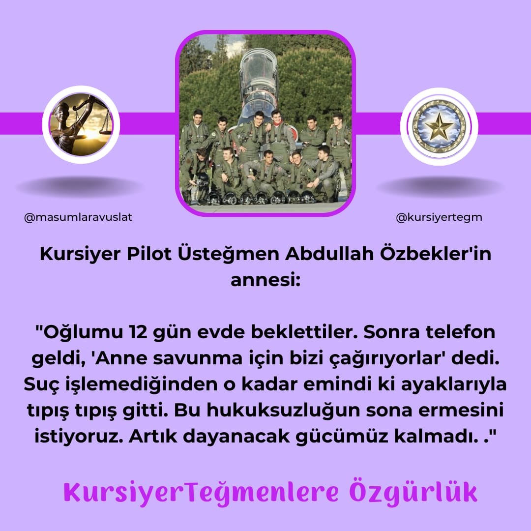 Haksız ve suçsuz yere müebbet verilen Kursiyer Teğmenlerin emir verme yetkisi yoktur.. Onlar yeni mezun görev ki yerine atanmadan kurs eğitimi alan öğrencidir.. Darbe girişiminden sorumlu tutulamaz.. KursiyerTeğmenlere Özgürlük @masumlaravuslat