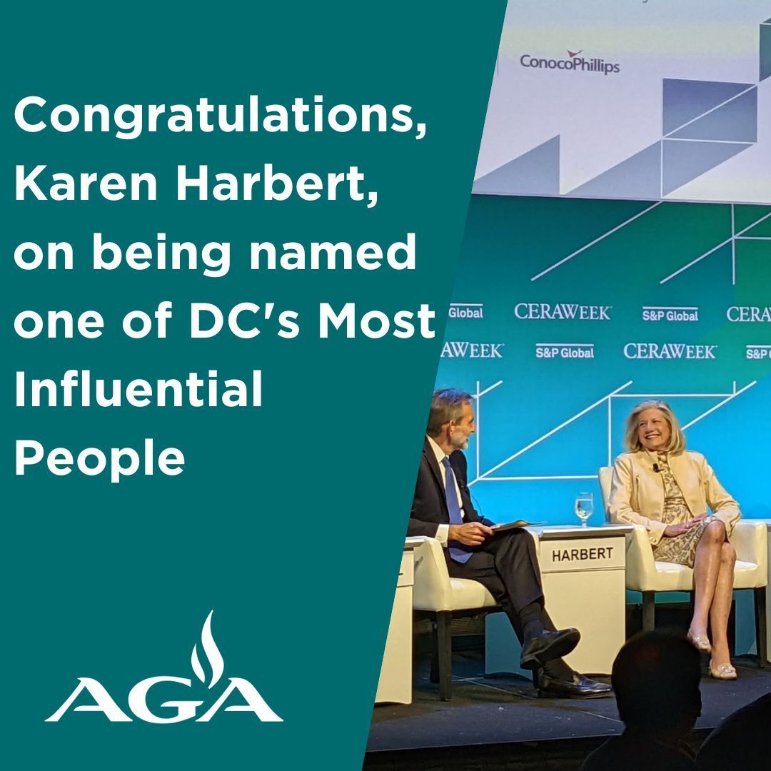 .@karenaharbert named one of D.C.'s Most Influential People in energy by @washingtonian. Under Karen's leadership, AGA has recently seen several victories for consumer choice and energy innovation. Read more: buff.ly/44piZtw