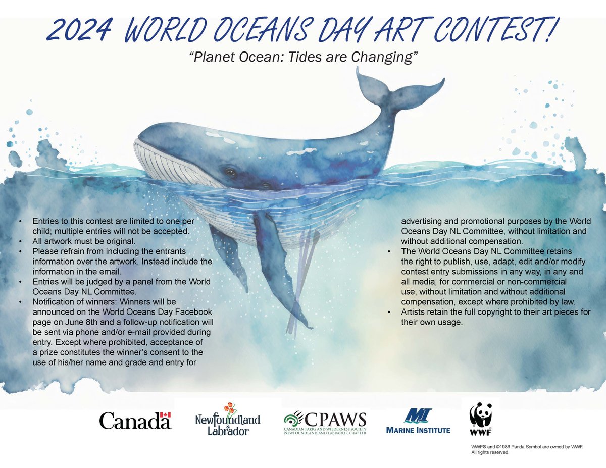 World Oceans Day is June 8. Help us celebrate by taking part in the #WorldOceansDay Art Contest open to all K-12 students in NL. Check out details on how to enter in the poster below for a chance to win an ocean-themed prize pack! Deadline: May 10. #GovNL @NLSchoolsCA @EDU_GovNL