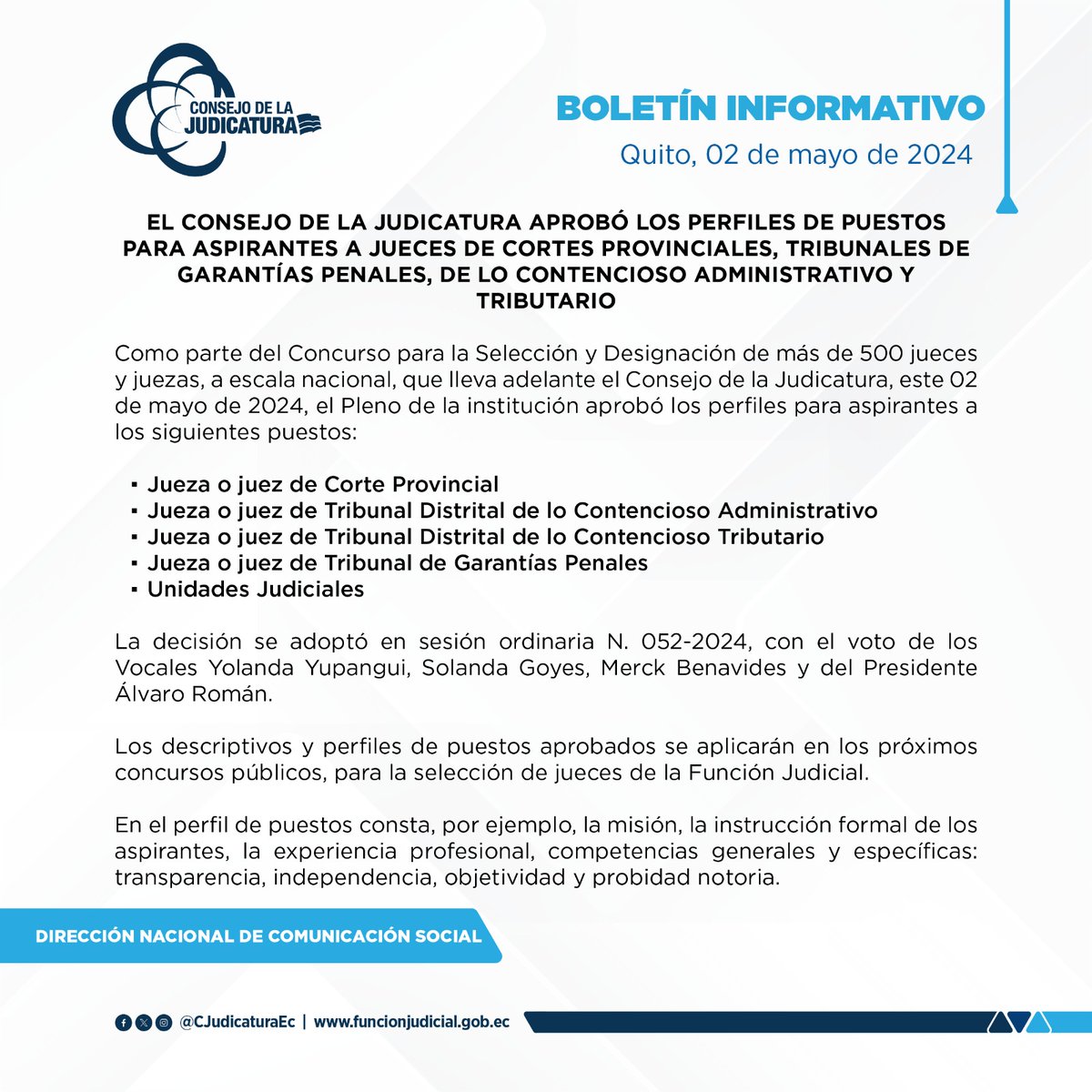 🛑#Atención | Por unanimidad, el Pleno del Consejo de la Judicatura aprobó los perfiles de puestos para aspirantes a jueces de Cortes Provinciales, Tribunales de Garantías Penales, de lo Contencioso Administrativo y Tributario.