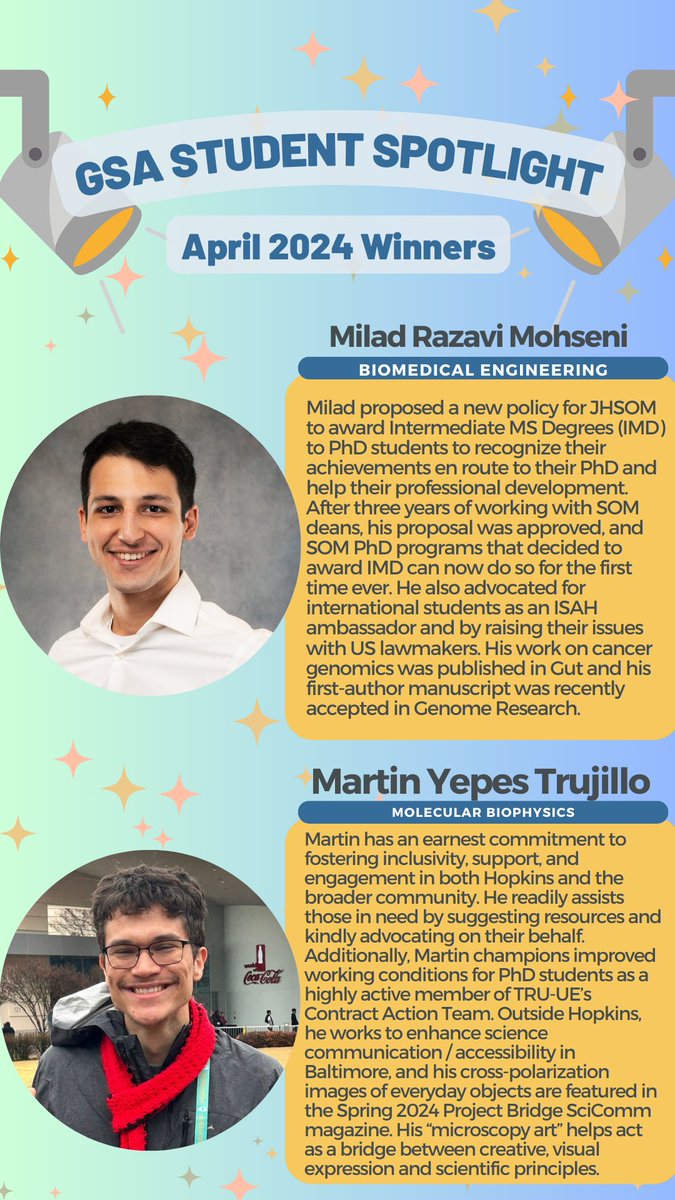 jhmi_gsa's tweet image. Please join the GSA is congratulating our April GSA Spotlight Winners! Well done Martin and Milad! 🥳