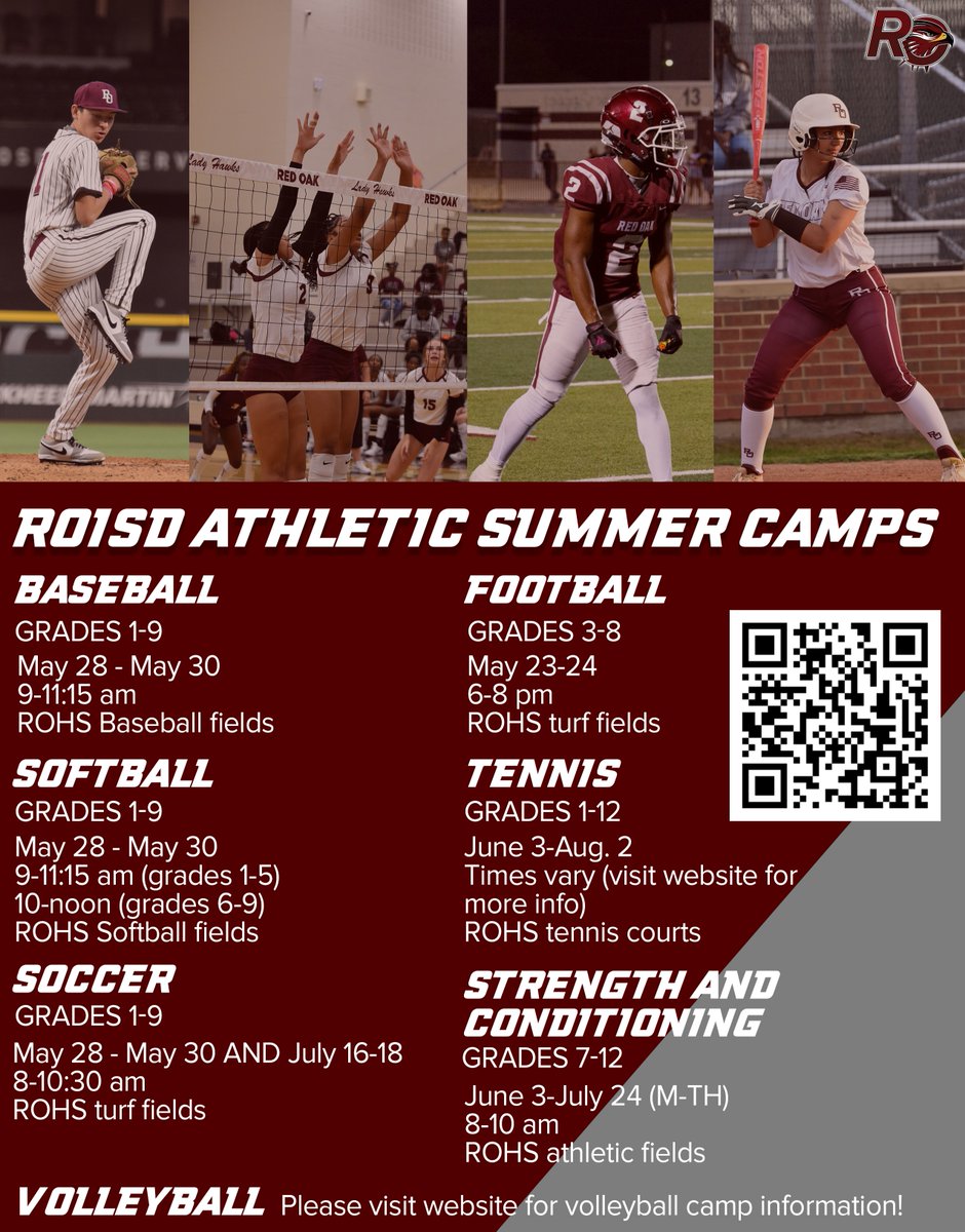 Looking for something for your kids to do this summer? Register now for one of our ROISD athletic summer camps! 🏐🏈⚾ Check out the schedule below and sign up at redoakisd.org/Page/4078 #hawknation #hawkpride