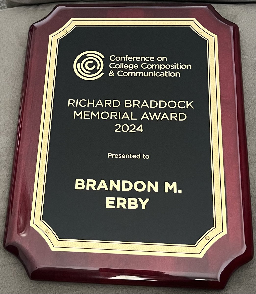 Last month I received the <a href="/NCTE_CCCC/">NCTE CCCC</a> Braddock Award for my article on the literacy &amp; rhetorical practices of incarcerated people &amp; the podcast <a href="/earhustlesq/">Ear Hustle Podcast</a>. Grateful to have something that I wrote deemed “best of the year” but also honored to amplify work happening behind bars.
