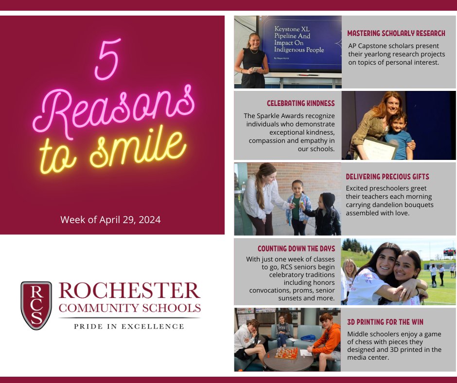 Five RCS reasons to smile for the week of April 29 include: mastering scholarly research, celebrating kindness, delivering precious gifts, counting down the days and 3D printing for the win. #RCSpride