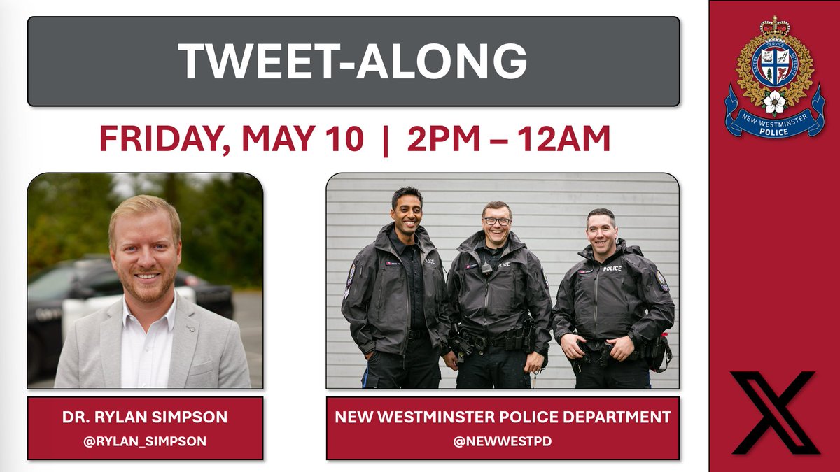 Curious about #policing? 🚔 Interested in #research? 📊 Want to know more about #patrol? 🚓 Join me May 10 from 2pm-12am as I ride-along on patrol w/ @NewWestPD & live tweet activities! I will provide front seat view into work of police, intersections w/ academia & more! 🚨