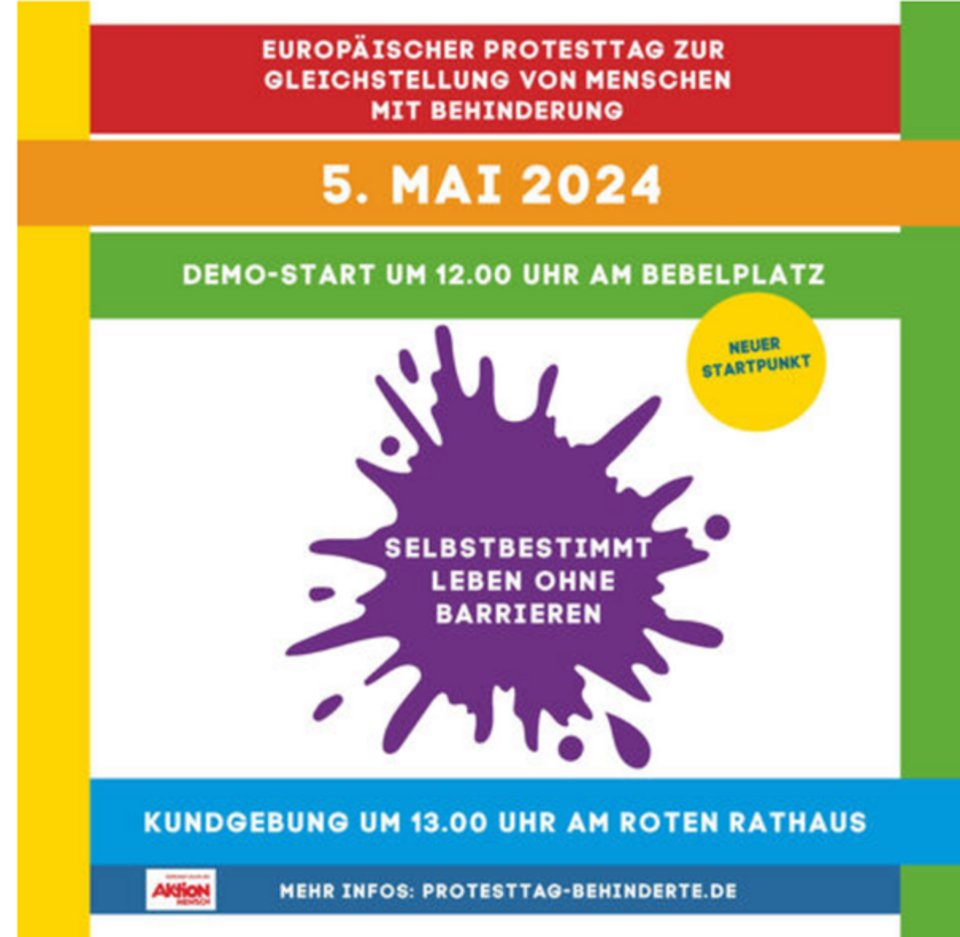 EUROPÄISCHER PROTESTTAG ZUR GLEICHSTELLUNG VON MENSCHEN MIT #BEHINDERUNG AM 5. MAI IN #BERLIN!

Demonstration ab 12 Uhr am #Bebelplatz:
paritaet-berlin.de/aktuelles/deta… 
#Barrierefreiheit #Inklusion