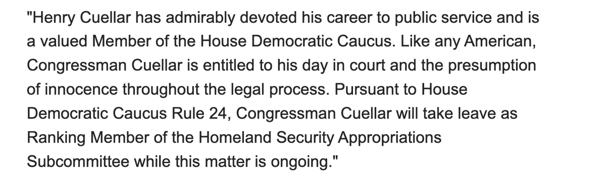 NEWS: 'Cuellar will take leave as Ranking Member of the Homeland Security Appropriations Subcommittee while this matter is ongoing,' per a spox w/ Dem Leader Hakeem Jeffries Cuellar is charged with participating in bribery and unlawful foreign influence & money laundering.