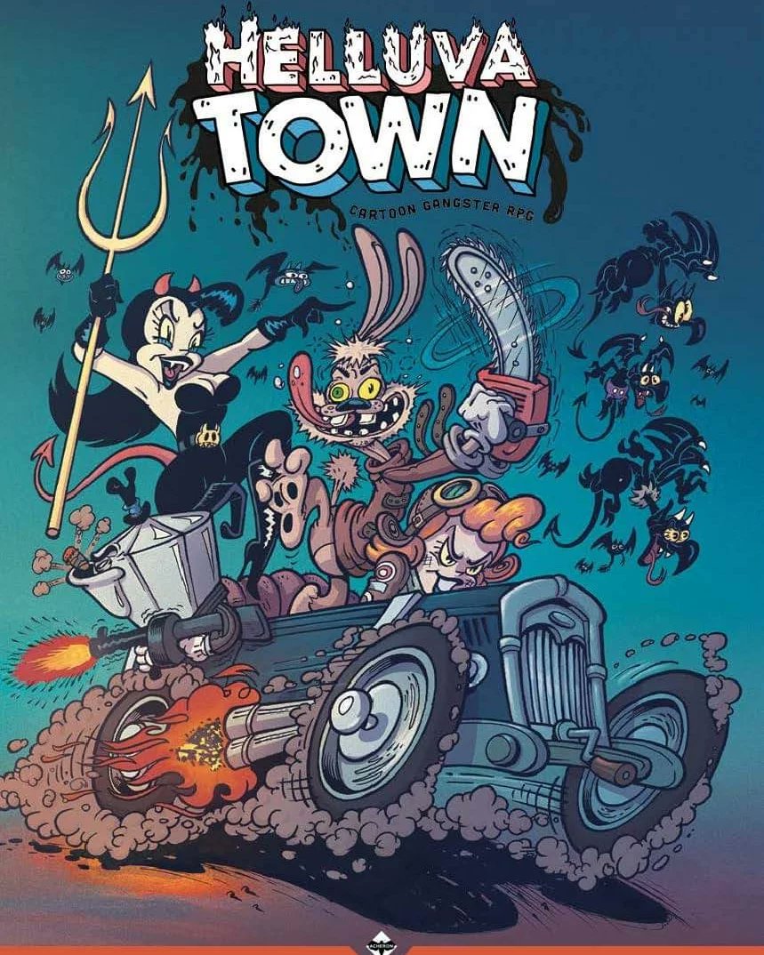 Cover reveal for HELLUVA TOWN! A crazy new RPG by Acheron Games, where you can be a wide variety of toon characters inflicting a wide variety of toon violence!
Details for the upcoming Kickstarter coming soon! 💣