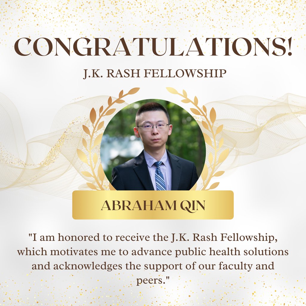 Abraham Qin, PhD student in health behavior, was recently awarded with the J.K. Rash Fellowship for the 2024-2025 academic year! Congratulations on this amazing achievement! #Fellowship #JKRash #PublicHealth