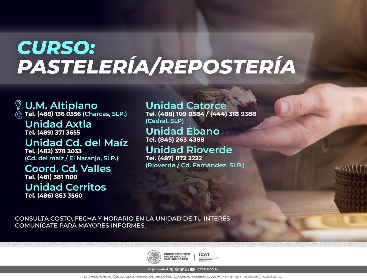 ICAT_SLP's tweet photo. 🥐 Aumenta tus habilidades y destrezas profesionales. Durante el mes de marzo especialízate en Pastelería | Repostería 🎂

Este programa es público, ajeno a cualquier partido político. Queda prohibido el uso para fines distintos al desarrollo social. https://t.co/b3GwlvQpVg
