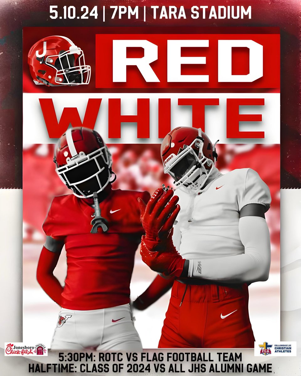RED 🔴 vs WHITE ⚪️ GAME Friday, May 10 @ 7:00pm - Tara Stadium FREE‼️ FREE‼️ FREE‼️ FREE‼️ FREE‼️ 5:30pm - ROTC vs Flag Football Team 7:00pm - Red vs White Football Game Halftime - Class Of ‘24 vs All JHS Alumni COMMENT WHO YOU WIT? RED 🔴 OR WHITE ⚪️?!