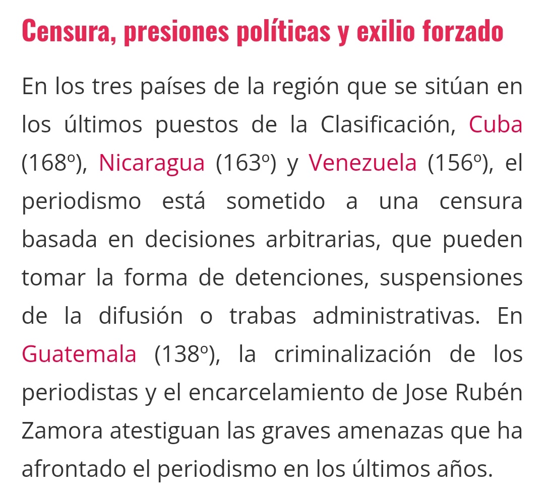 Guatemala nuevamente bajo la sombra de Cuba, Nicaragua y Venezuela en cuanto a censura y exilio forzado de periodistas. Reporteros sin Fronteras habla explícitamente de @ChepeZamora en GT. No hay primavera con periodistas encarcelados #DiaMundialDeLaLibertadDePrensa