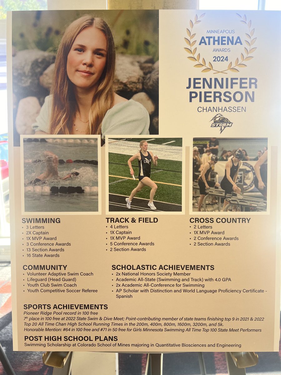 So excited to see Jennifer Pierson celebrated today at the Minneapolis Athena Award Banquet!  ⁦<a href="/ChanGSwimDive/">Chan Girls Swim & Dive</a>⁩ ⁦<a href="/ChanStormCC_TF/">ChanStormCC/T&F</a>⁩