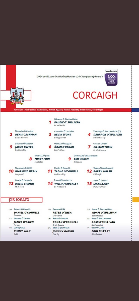 .@ONeills1918 Munster Under 20 Hurling Championship Round 4 @MunsterGAA #SportsDirectIreland #Borntoplay

Cork v @TipperaryGAA 

Cork line out as selected …