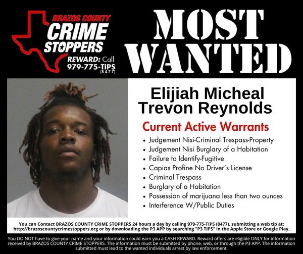 This week's #FugitiveFriday is Elijiah Micheal Trevon Reynolds. Elijiah is wanted for multiple crimes including burglary and burglary. If you have any information about his possible location  CrimeStoppers anonymously at 979-775-TIPS to be eligible for a cash reward.