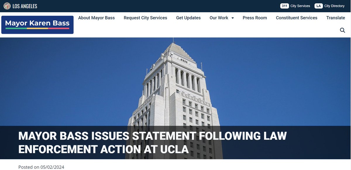 Earlier this week, Mayor Bass joined local and regional leaders at the UCLA Incident Command Post. In response to her visit and recent events at local universities, she issued the following statement. Visit mayor.lacity.gov/news/mayor-bas… to read the entire statement.