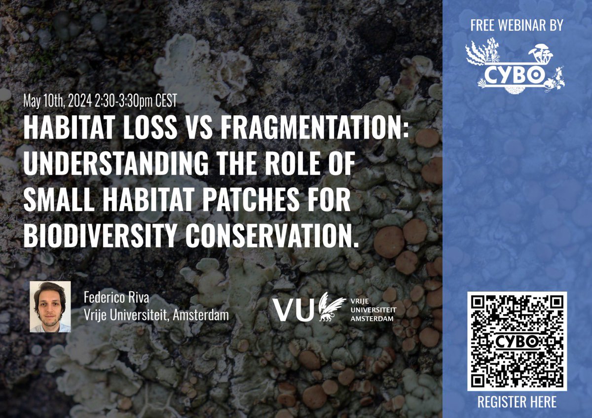 Registration for the second #CYBO free #webinar is now open by scanning the QR code.
Federico Riva will talk about Habitat loss and Fragmentation, and the role of small habitat patches for #biodiversity #conservation

#youngbltanists #botany #freewebinars #plantecology