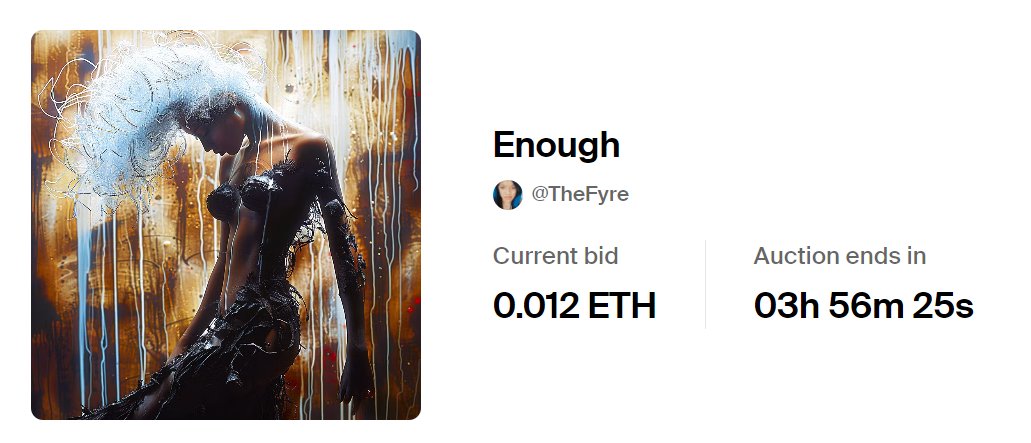 Afternoon everyone...🔥 Little under 4 hours left to challenge the current bid on 'Enough' on @foundation Check it out...🫶