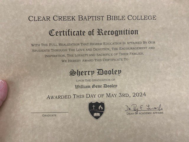 WilliamGDooley1's tweet photo. I don’t get to come to @Clear_Creek as often as I’d like, but I’m thankful to be here for pre-graduation events. I’m thankful to receive the Whittaker Preaching Award during awards chapel this morning and for Sherry and all those who have supported me in my studies and ministry. https://t.co/s7DTiwBrx8