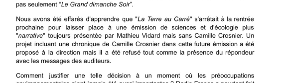 Peut être un petite bonne nouvelle sur @franceinter . @LaTacfi change de formule . La propagande pro agriculture à la corne de bouse , les émissions antiscience , l'agribashing risquent de diminuer . @CamCrosnier ne serait plus à l'antenne , champagne ! Rien de ça c'est top.