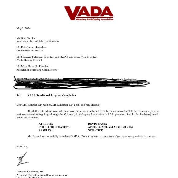 I now have the paperwork for ⁦@Realdevinhaney⁩’s final tests. He was negative for any banned substances and he was, like Ryan Garcia, also tested the day before the fight and after the bout. Haney was clean. And he made weight. #boxing.