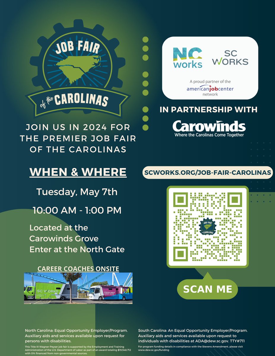 NCWorks_CLT's tweet image. Join us for the Job Fair of the Carolinas  
📆Date: May 7, 2024
⏰ Time: 10:00AM-1:00PM
🎢Location: Carowinds
📌 Address: 300 Carowinds Blvd., Charlotte, NC

Bring your resume! @ncworks_charlotte 
#NCWorks #SCWorks #jobfaircharlotte
