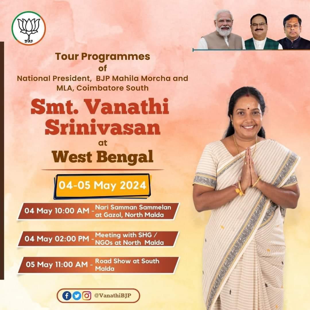 National President of Mahila Morcha BJP  Smt. @VanathiBJP ji, will be in West Bengal for 2 days, 4th & 5th May 2024 .
Welcome Akka 🙏