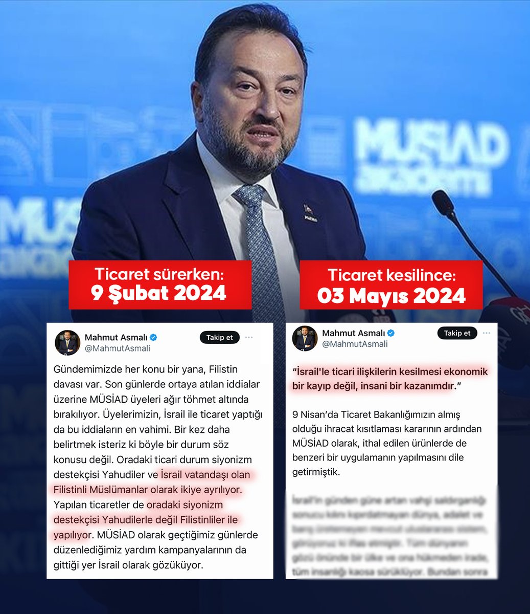 🔴 İsrail ile ticaret yapan şirketleri bünyesinde barındırdan MÜSİAD'ın Genel Başkan Mahmut Asmalı, ticari gemilerin 'İsrail vatandaşı Müslüman Filistinlilere gittiğini' iddia etmişti. Asmalı, bugün ise ticaretin kesilmesini ‘insani kazanım’ olarak değerlendirdi.