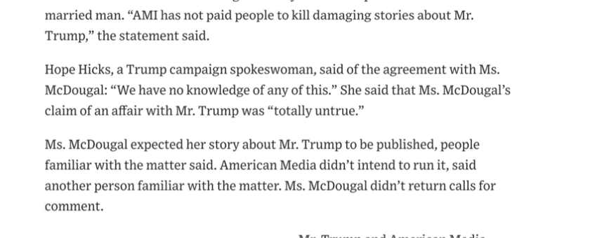 The WSJ article published on Nov. 4, 2016. It included a comment from Hicks, in which she says that McDougal's claim of an affair was 'totally untrue.' The prosecution displays the article for the jury. documentcloud.org/documents/2461…