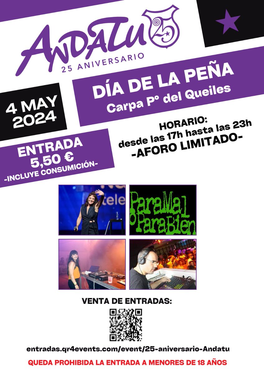 DÍA DE LA PEÑA ANDATU - 25° ANIVERSARIO

Mañana, 4 de Mayo, a partir de las 17h y hasta las 23h en la Carpa del P° del Queiles... monólogo, rock y djs.

¡Compra ya tu entrada!

entradas.qr4events.com/event/25-anive…

¡Os esperamos!

Salud&amp; Andatu

#25aniversarioANDATU
#historiamorada