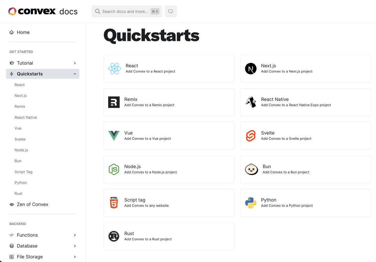 New Quickstarts to help developers get started building on Convex.  Now you can start with @bunjavascript @vuejs @SvelteSociety @sveltejs & @remix_run 
🏁 docs.convex.dev/quickstarts / Great work @ballingt