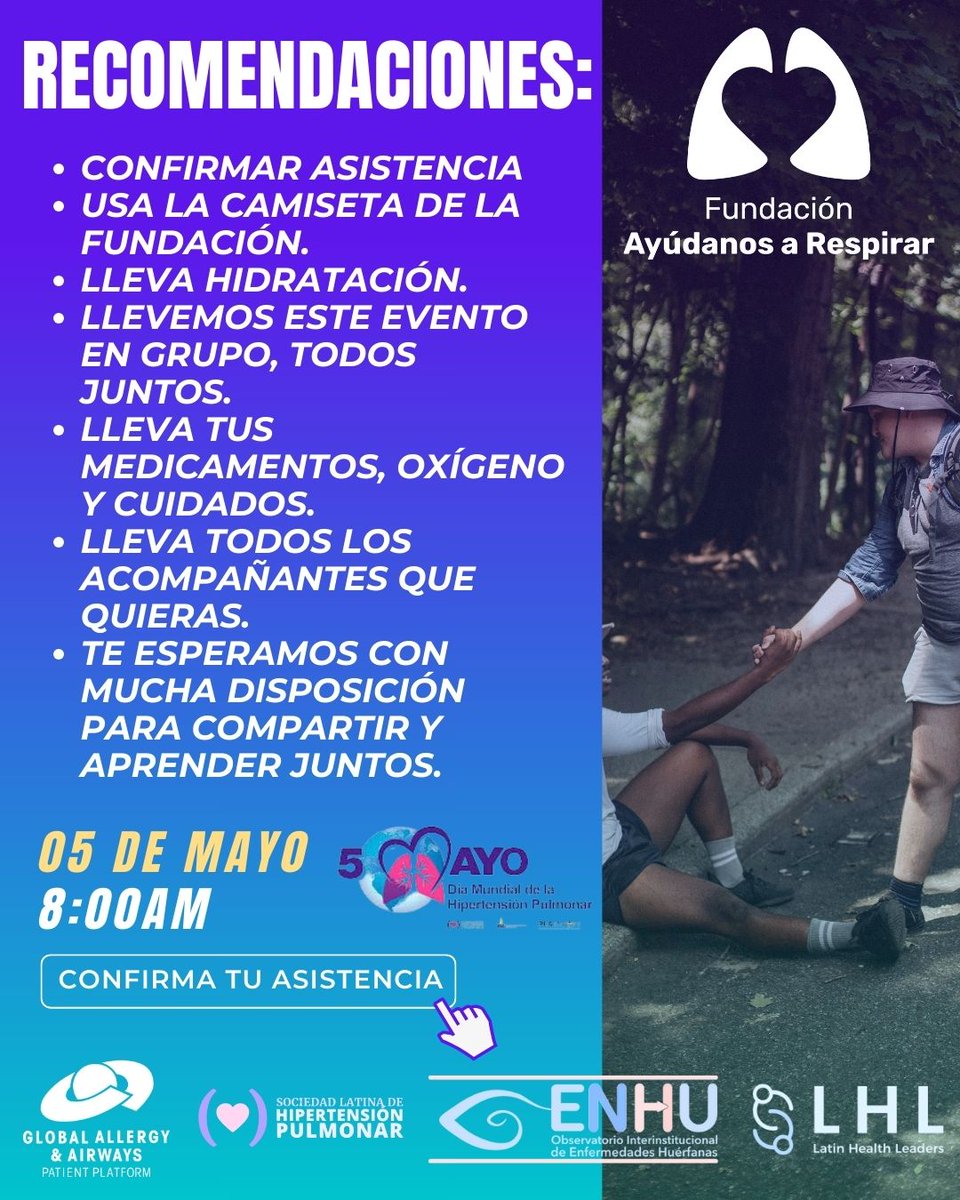 AyudaaRespirar's tweet photo. 📷¡Únete a nosotros para celebrar el Día Mundial de la Hipertensión Pulmonar el 5 de mayo a las 8 am! 📷 Para inscribirte e información importante, escríbenos en privado. ¡No te lo pierdas! 📷
#DíaMundial #wphd #WORLDPHDAY #Worldphday2024 #pulmonaryhypertensionawareness https://t.co/JahyAv6KU4