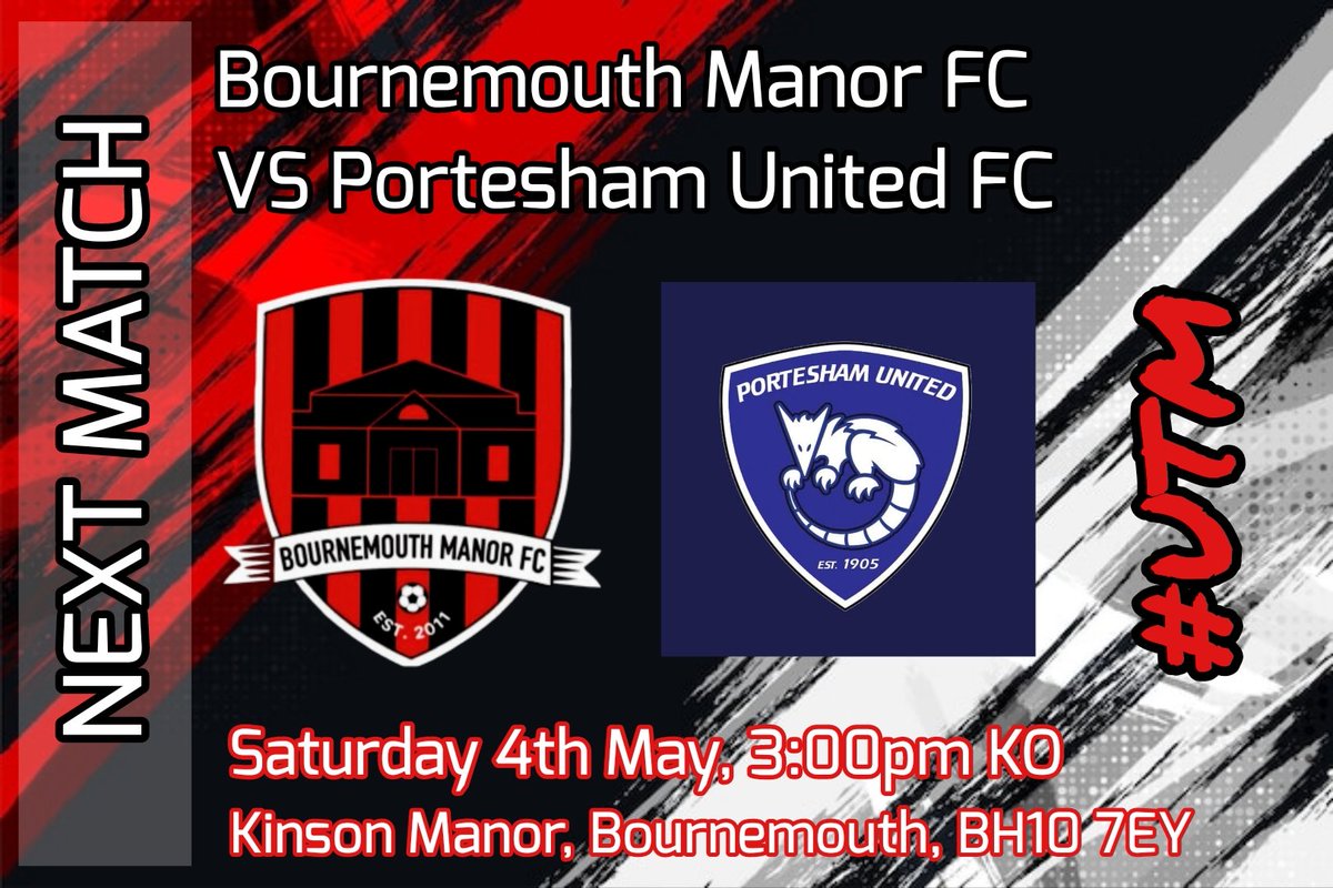 For the final time this season, Bournemouth Manor host Portesham United FC down at the Manor, 3pm kick off. 

We recently faced our opponents where they took away all 3 points, we will be looking to correct that result tomorrow. 

#wearebournemouthmanor #UTM🔴⚫