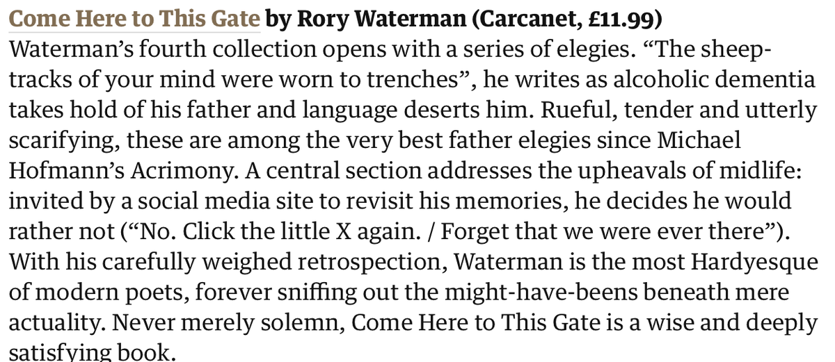 Great lead review for the Hardyesque @RoryWaterman's new @Carcanet poetry collection in tomorrow's Guardian from David Wheatley: 'a wise and deeply satisfying book.'