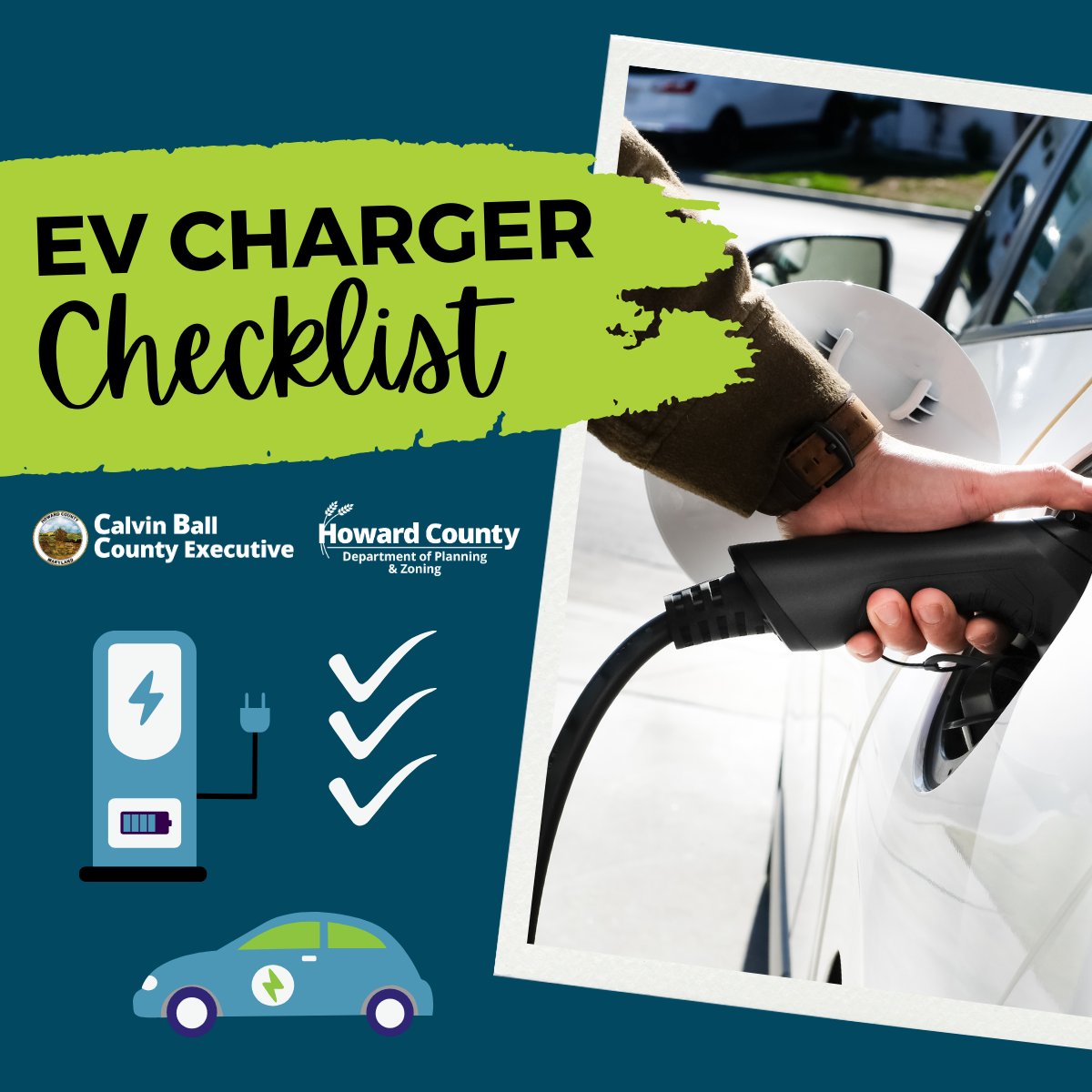 To assist #HoCoMD EV owners w/ installing a vehicle charger in a dedicated HOA parking spot, @HoCoGov DPZ has put together this checklist, tinyurl.com/EVChargerCheck…, outlining the items you’ll need to submit your EV charger approval submission. For ?s, email ded@howardcountymd.gov.