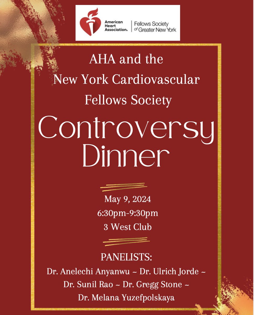 Lindsey Mitrani (@lindseymitrani) on Twitter photo Calling all NYC/NJ Cardiology Fellows!! Please join us for our AHA Fellow Controversies Dinner May 9th in Manhattan featuring <a href="/GreggWStone/">Gregg W. Stone MD</a>,<a href="/SVRaoMD/">Sunil V. Rao</a>, <a href="/dranulala/">Anu Lala-Trindade</a>, Dr. Ulrich Jorde, Dr. Anelechi Anyanwu, Dr. Melana Yuzefpolskaya.
Final chance to register:
tinyurl.com/AHAControversi… Calling all NYC/NJ Cardiology Fellows!! Please join us for our AHA Fellow Controversies Dinner May 9th in Manhattan featuring <a href="/GreggWStone/">Gregg W. Stone MD</a>,<a href="/SVRaoMD/">Sunil V. Rao</a>, <a href="/dranulala/">Anu Lala-Trindade</a>, Dr. Ulrich Jorde, Dr. Anelechi Anyanwu, Dr. Melana Yuzefpolskaya.
Final chance to register:
tinyurl.com/AHAControversi…