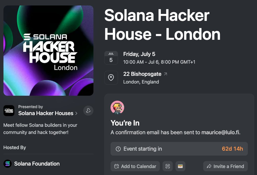 London for @hackerhouses in July! Flights + Hotel booooked. ✈️🏨 Excited to discuss RWAs, payments, and @uselulo with Solana's best and brightest. DeFi Savings Account is in production. 💚