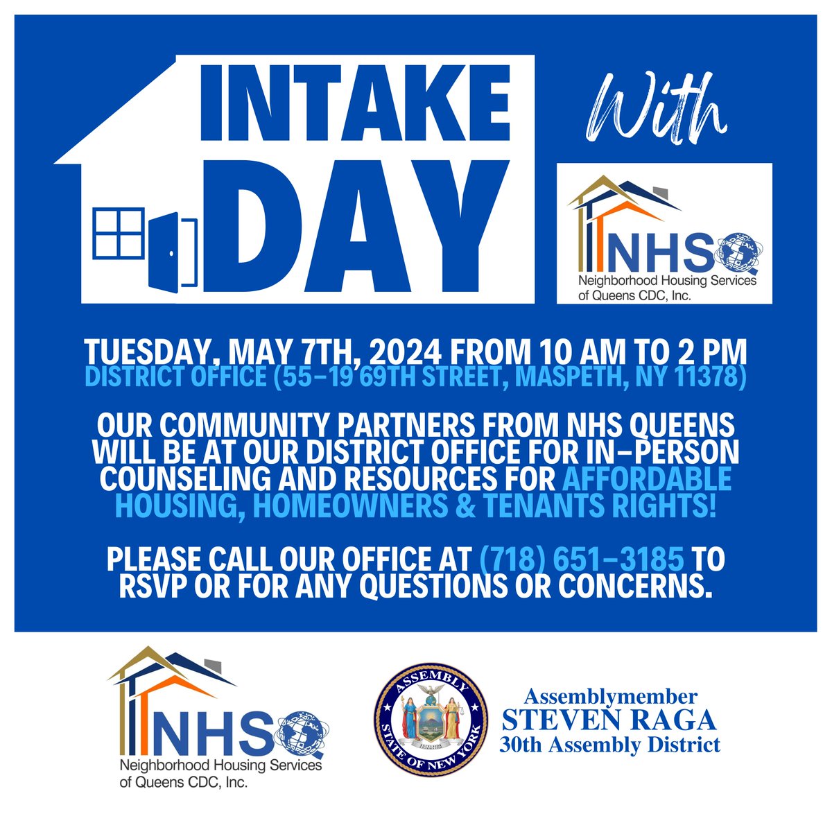 Next week, our office is teaming up with @NHSofQueens to host an Intake Day in Assembly District 30! They'll be offering in-person counseling and resources on affordable housing, homeownership, and tenants rights! Please note that RSVP is required for attendance.