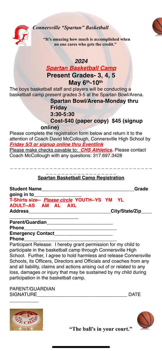 🚨UPDATED FORMS🚨

Please see attached forms for our upcoming Spartan Basketball camps! For more info please feel free to reach out and also please SHARE!

Week 1 was great!! Looking forward to seeing more of our future Spartans 🔴🏀⚪️