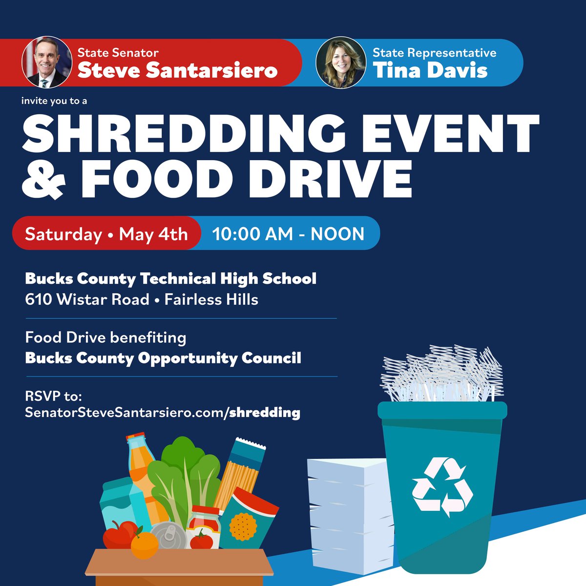 Rep. Tina Davis and I are hosting a free shredding event & food drive at Bucks County Technical High School tomorrow, 5/4 from 10am-noon. The food drive benefits Bucks County Opportunity Council & is a great way to give back to community members in need. Hope to see you there!