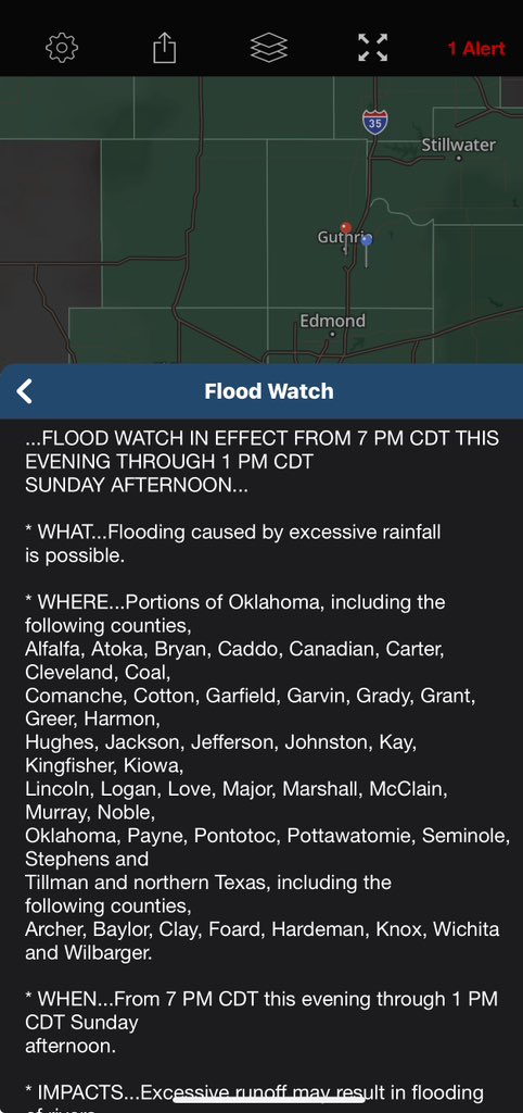 Guthrie / Logan County: Areal Flood Watch in effect until 1 PM CDT Sunday. 2 to 4 inches of rain will be possible with locally 6 inches possible. Stay tuned. #GuthrieWX
