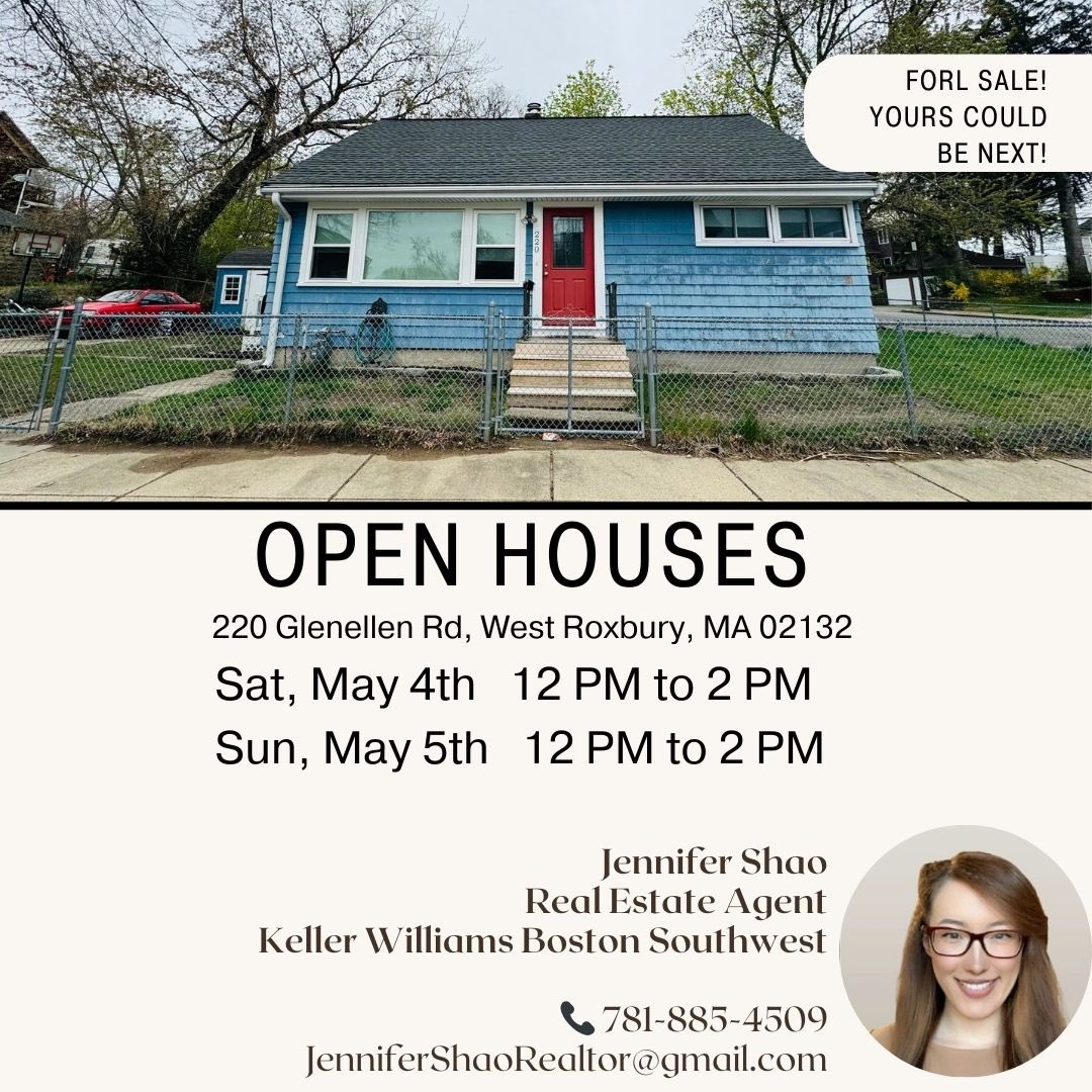 🏡 OPEN HOUSES! 

Sat, May 4
12:00 PM - 2:00 PM

Sun, May 5
12:00 PM - 2:00 PM

📞Text | call 781-885-4509

220 Glenellen Rd, West Roxbury, MA 02132

Listed by:
Jennifer Shao,
Keller Williams Realty Boston Southwest

#SellerAgent #RealEstate  #HomeTour #PropertyTour