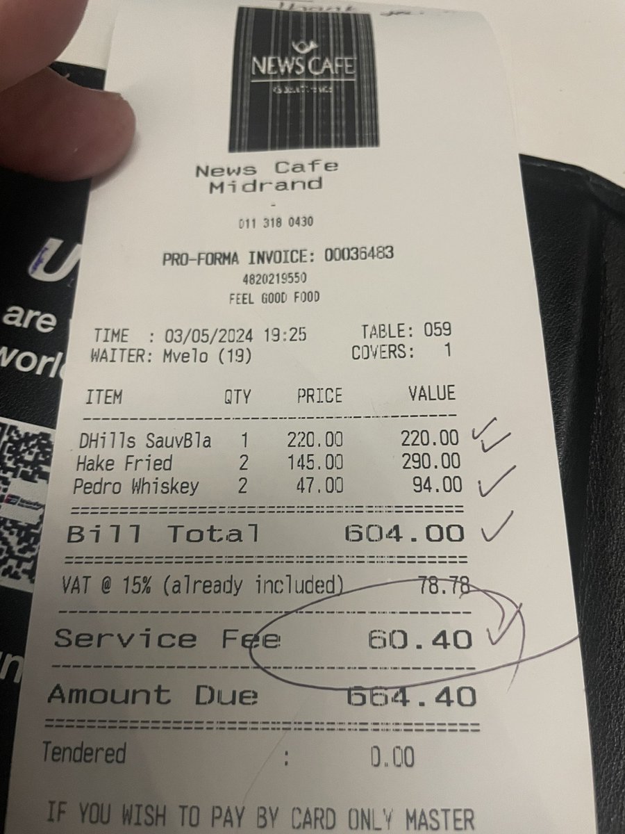 @wendyknowler I was almost scammed by @NewsCafeZA this evening. 10% “Service Fee” was added to the bill without disclosing it to me. I had told the waitress to add 12% when a friend scrutinised the bill and pointed it out. Before the bill arrived I had resolved to add 12% as…