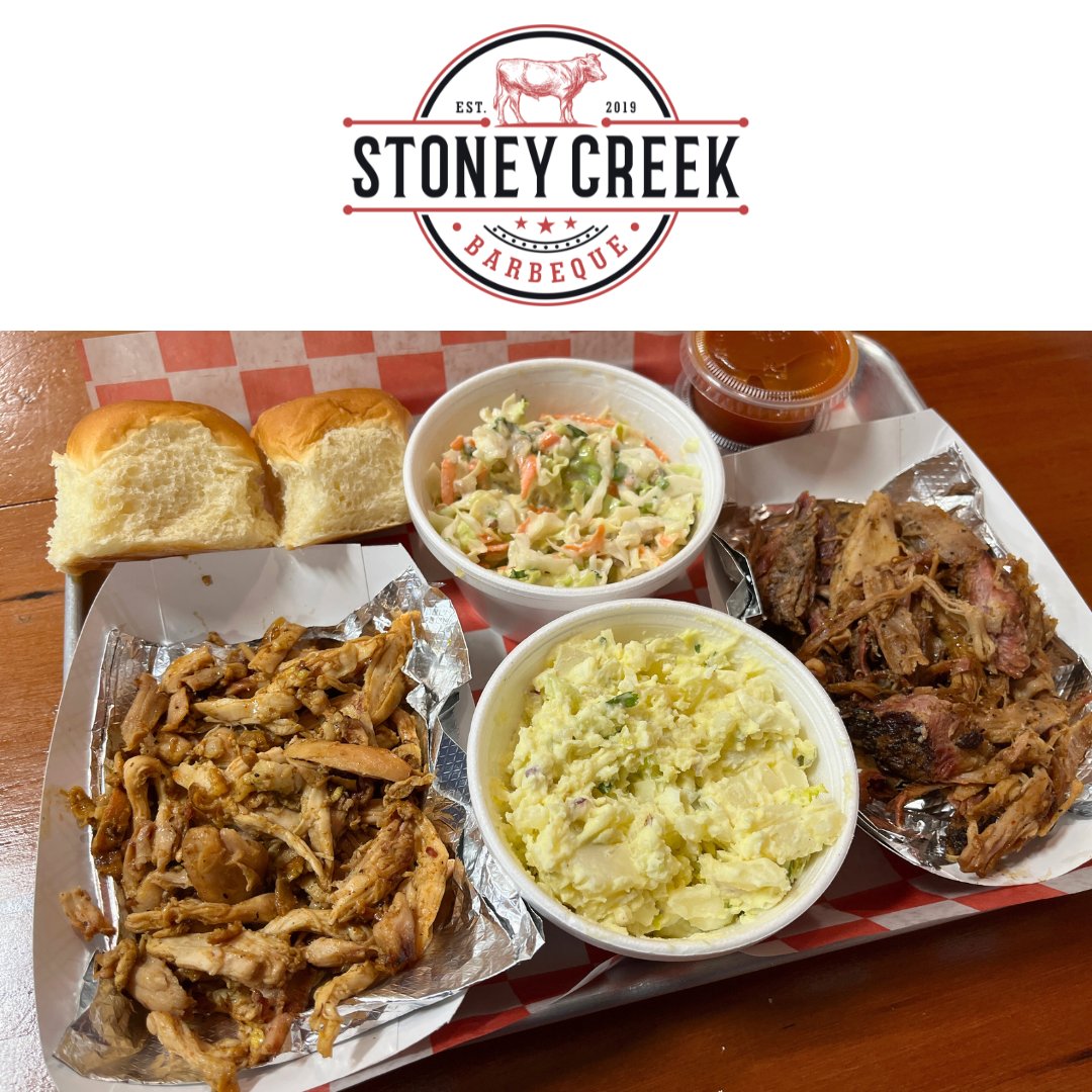 Hungry? Our Two Meat Combo is what you're looking for! Comes with a drink, bread & your choice of two sides: chili beans, coleslaw, rice pilaf, potato salad, fries, or onion rings.

#StoneyCreekBBQ
#Porterville
#BBQ
#LowAndSlow
#WorthTheDrive
#TwoMeatDinnerCombo
#ChickenAndPork