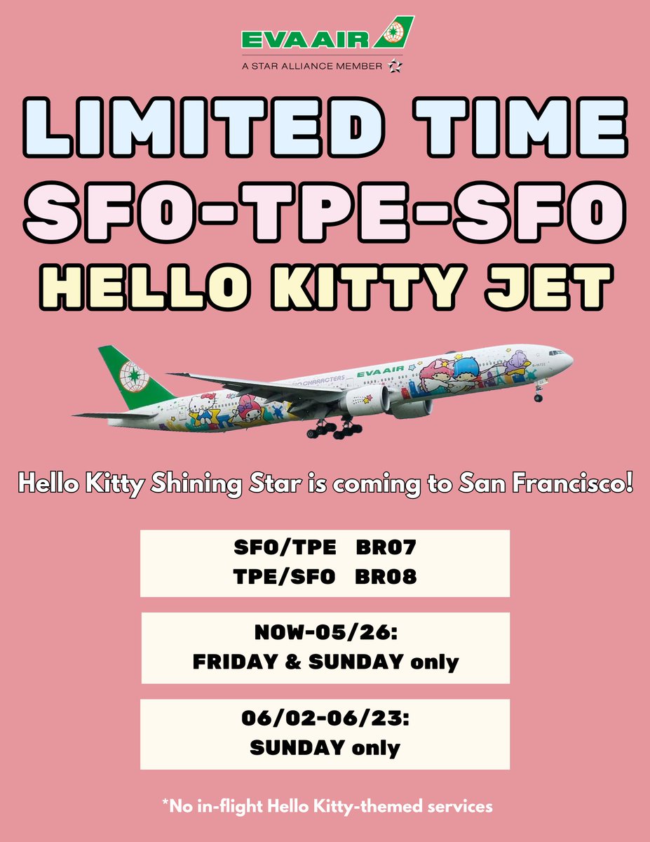 Experience a unique journey with EVA Air's Hello Kitty flight, 'Shining Star'! Experience this limited round trip from San Francisco to Taipei, available exclusively from 4/28 to 6/23. Secure your seat now for an unforgettable Hello Kitty travel experience!