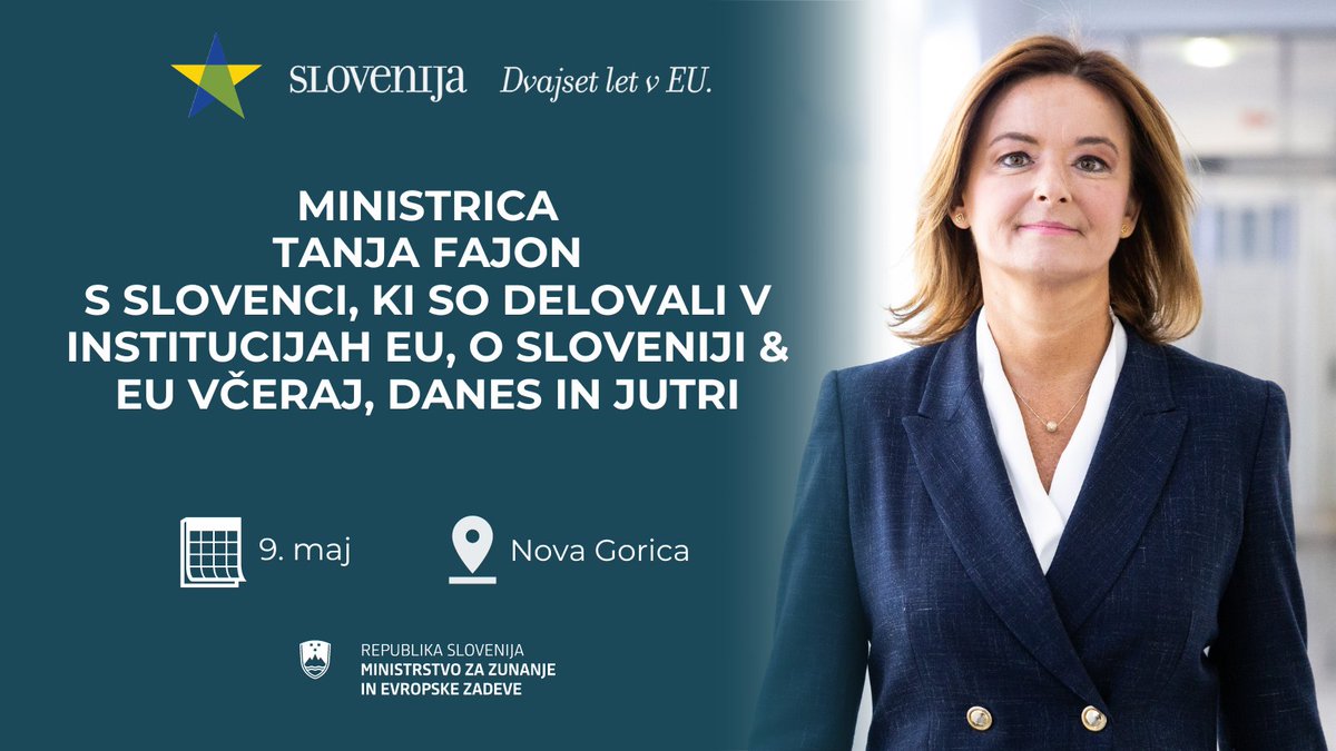 Ob 2⃣0⃣. obletnici članstva Slovenije v #EU bo ministrica @tfajon vodila pogovor s Slovenci 🇸🇮, ki so opravljali delo v institucijah 🇪🇺. Njeni gostje bodo nekdanji evroposlanci @BorutPahor, @JelkoKacin & @romanajordan in nekdanji evropski komisar @JanezPotocnik22. Število…