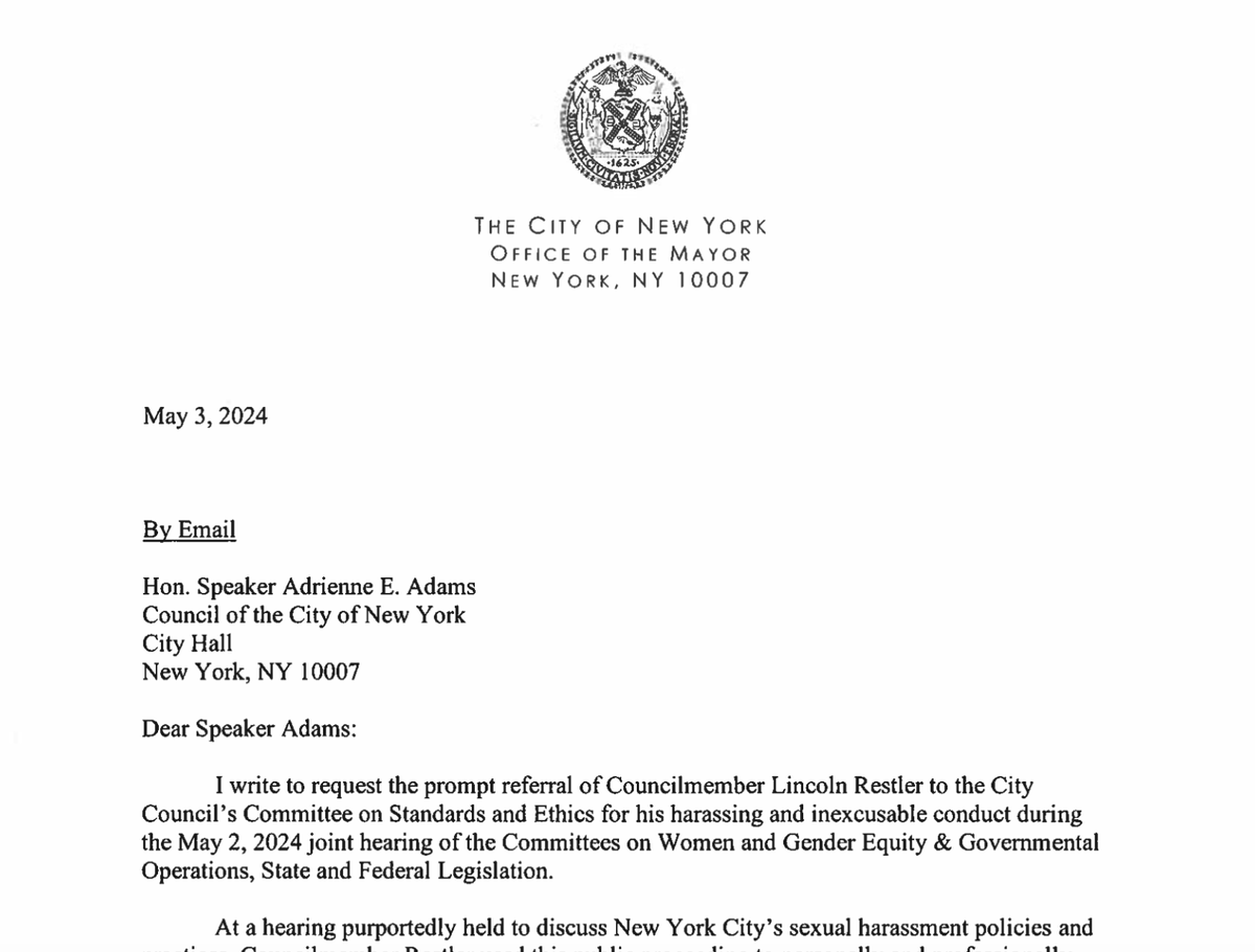 In an escalation of tensions, Mayor Adams' office is asking the speaker for an ethics investigation into CM Lincoln Restler for, among other claims, disparaging mayor's friend Tim Pearson at an oversight hearing on sexual harassment. Story TK. The letter: politico.com/f/?id=0000018f…