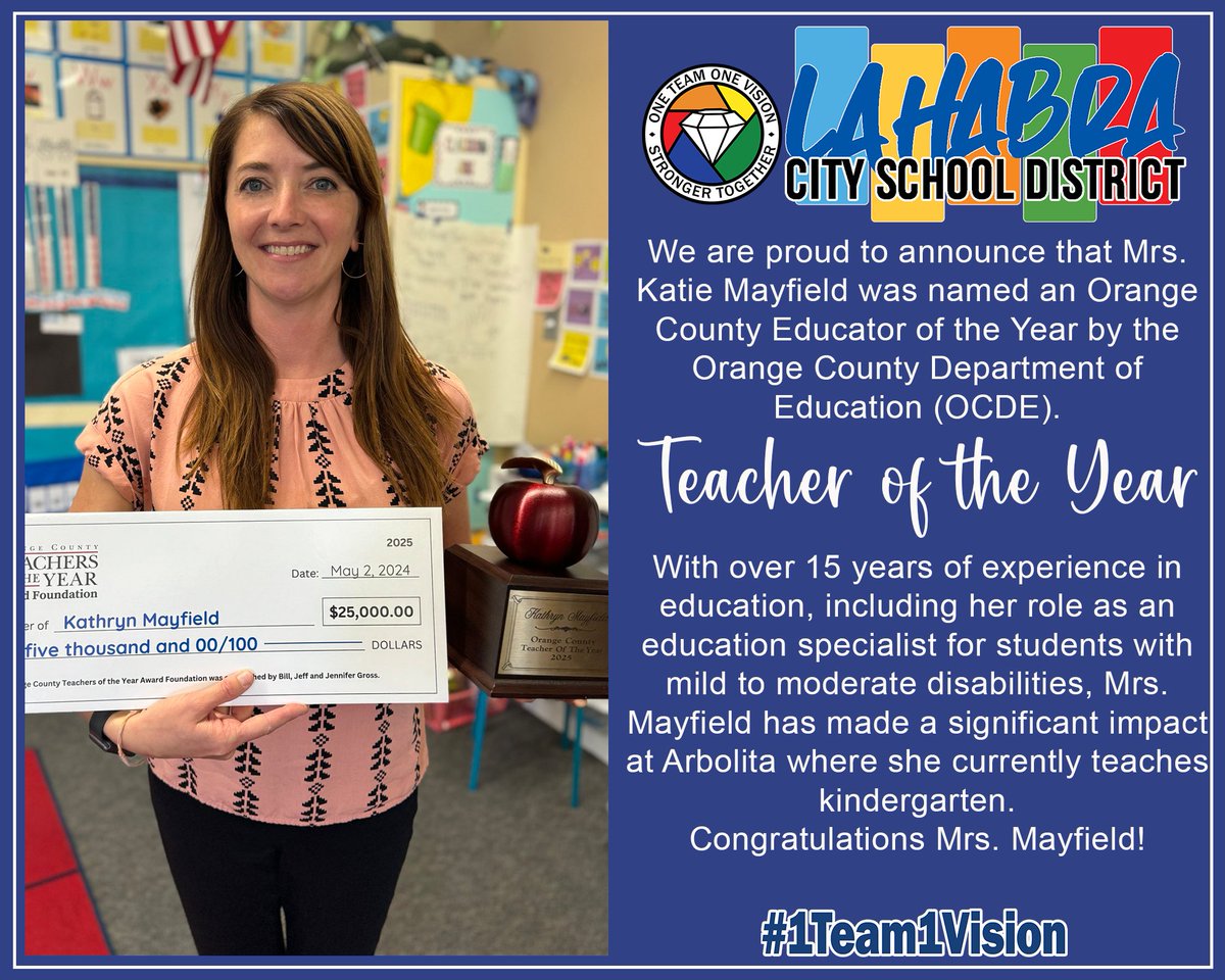 We are proud to announce that Mrs. Katie Mayfield was named an Orange County Educator of the Year by @OCDeptofEd! Mrs. Mayfield has made a significant impact at Arbolita where she currently teaches kindergarten. Congratulations Mrs. Mayfield! bit.ly/4boLeeu